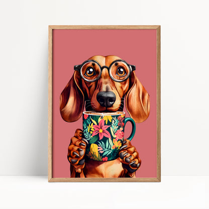 Sausage Dog Drinking Coffee Print