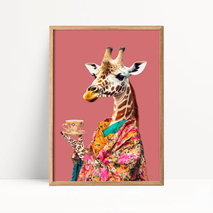 Giraffe Drinking Tea Maximalist Print