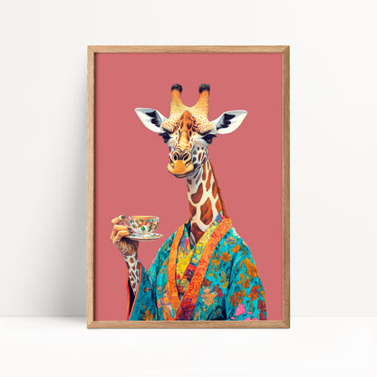 Giraffe Drinking Tea Print