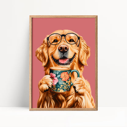 Golden Retriever Drinking Coffee Print