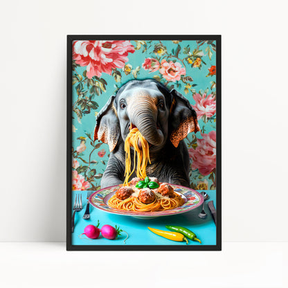 Funny Elephant Eating Spaghetti Print – Maximalist Wall Art