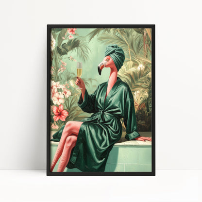 Funny Flamingo in Robe Print: Green Maximalist & Jungle Safari Home Decor