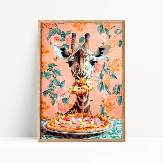 Funny Giraffe Eating Pizza Poster – Maximalist Kitchen Wall Art