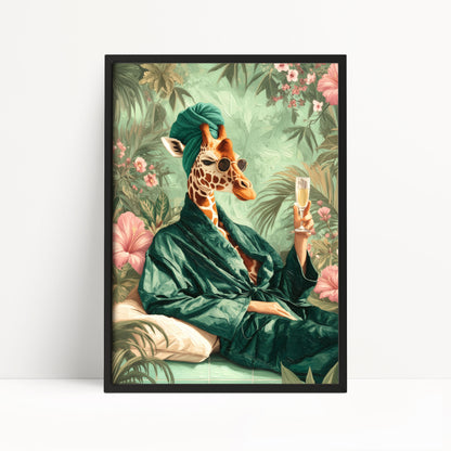 Funny Giraffe in Robe Print: Green Maximalist & Jungle Safari Home Decor
