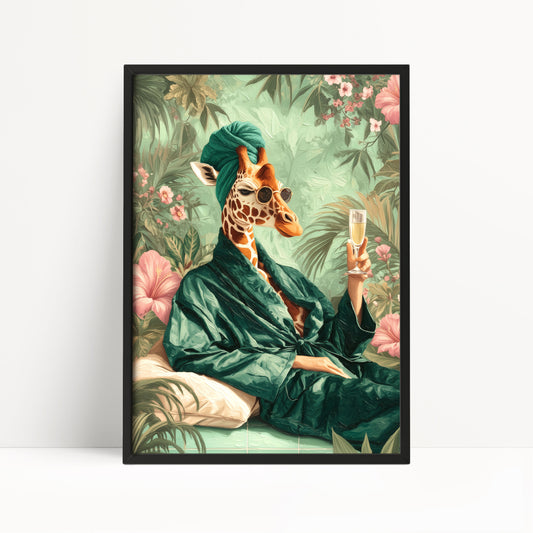 Funny Giraffe in Robe Print: Green Maximalist & Jungle Safari Home Decor