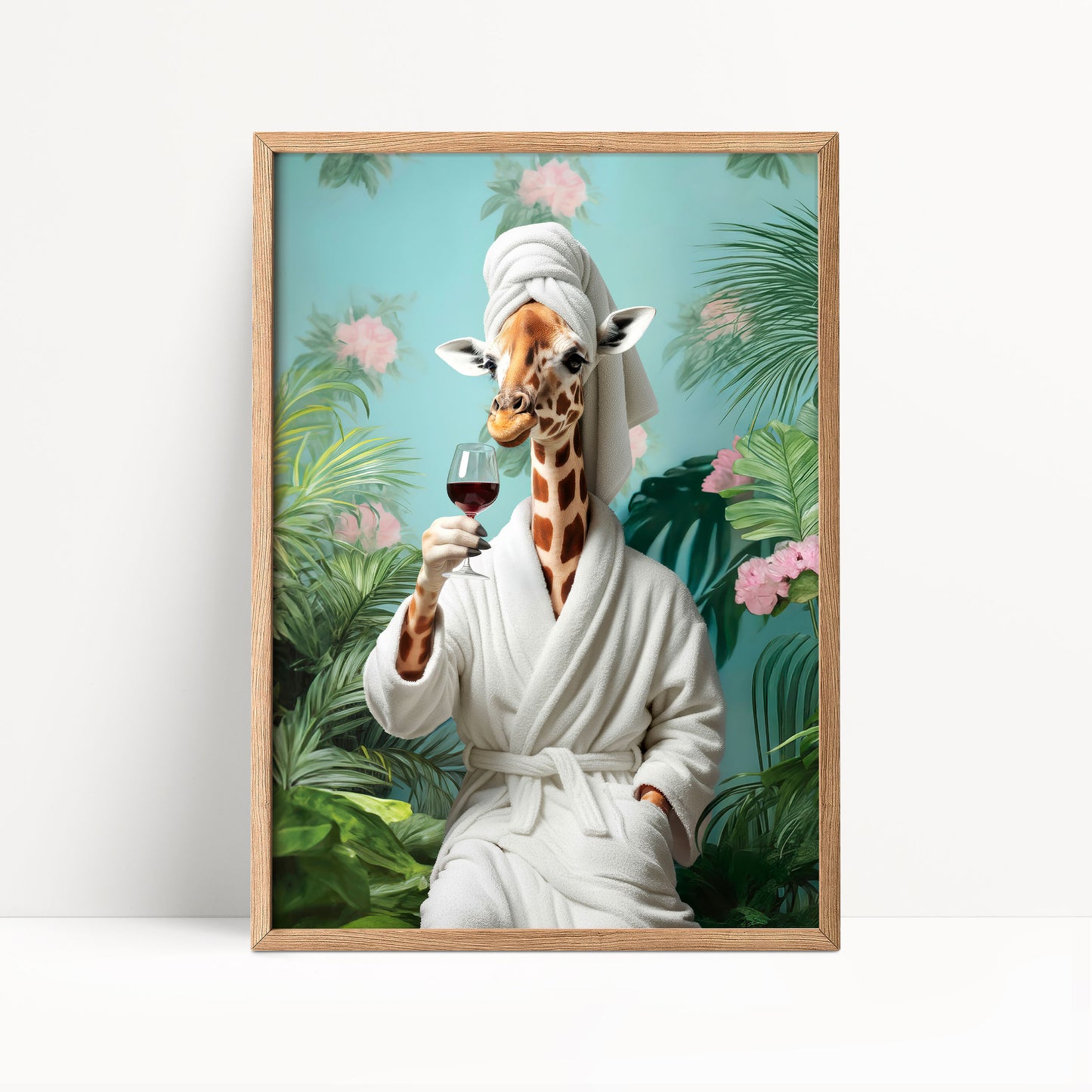 Funny Giraffe in Robe Poster – Tropical Bathroom Wall Art