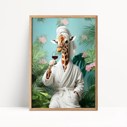 Funny Giraffe in Robe Poster – Tropical Bathroom Wall Art