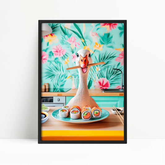 Silly Goose Eating Sushi Print – Colourful Maximalist Kitchen Wall Art