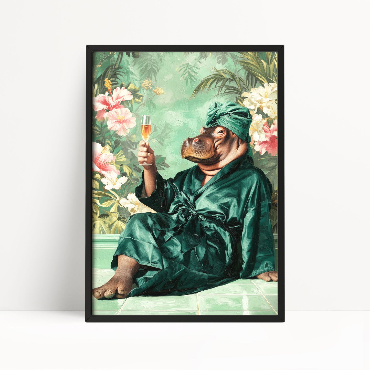 Funny Hippo in Robe Print: Green Maximalist & Jungle Safari Home Decor