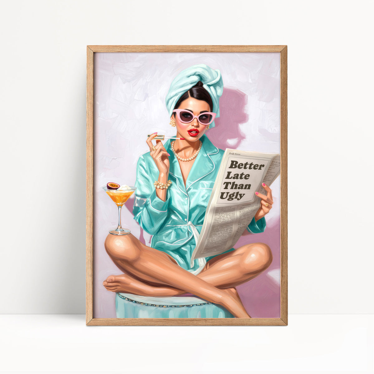 Retro Coquette Wall Art – 1950s “Better Late Than Ugly” Quote Print