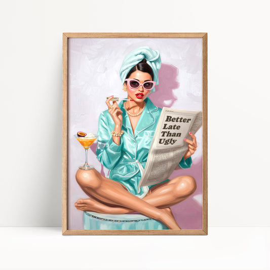 Retro Coquette Wall Art – 1950s “Better Late Than Ugly” Quote Print