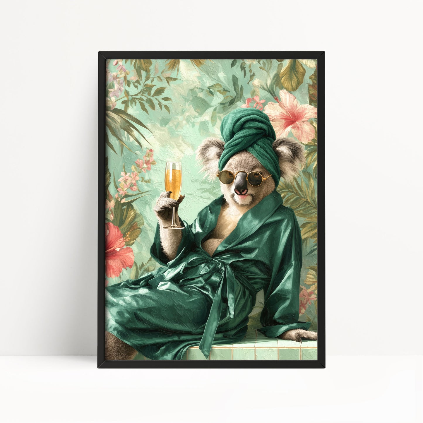 Funny Koala in Robe Print: Green Maximalist & Jungle Safari Home Decor