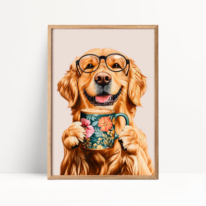 Golden Retriever Drinking Coffee Print