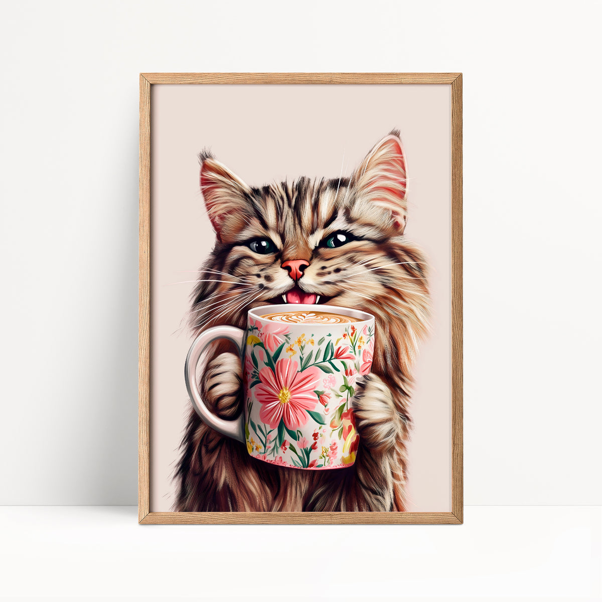 Tabby Cat Drinking Coffee Print