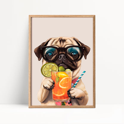 Pug Drinking Cocktail Print
