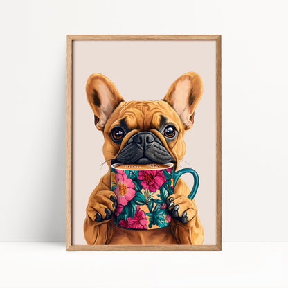 French Bulldog Drinking Coffee Kitchen Print