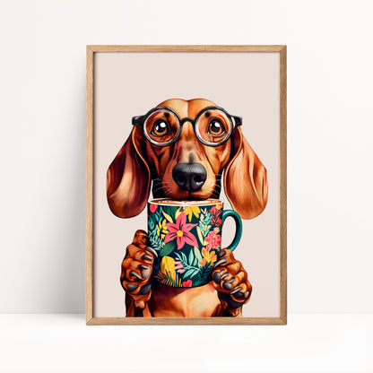 Sausage Dog Drinking Coffee Print