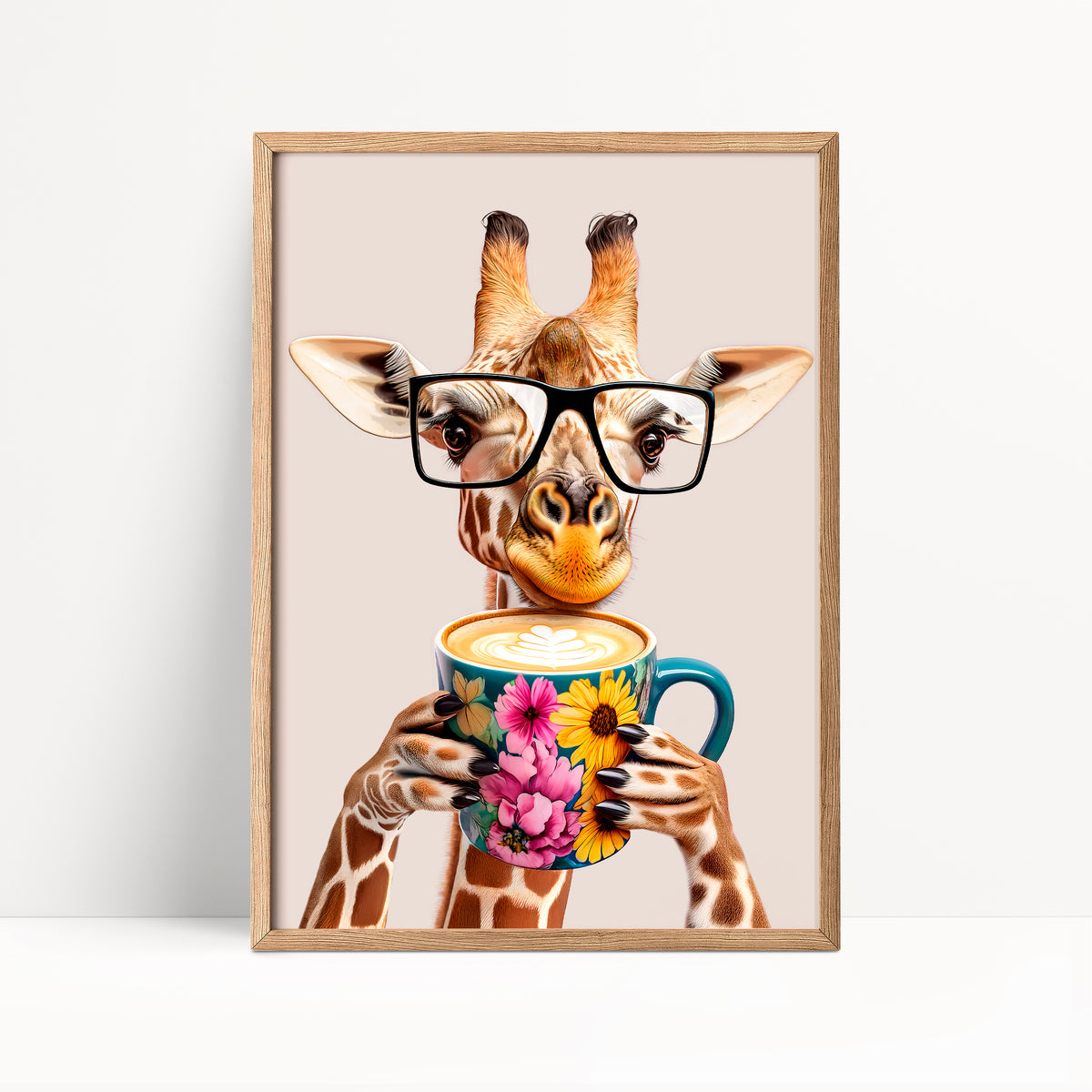 Giraffe Drinking Coffee Kitchen Print