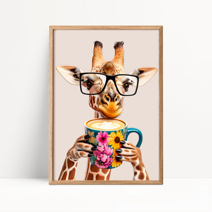 Giraffe Drinking Coffee Kitchen Print