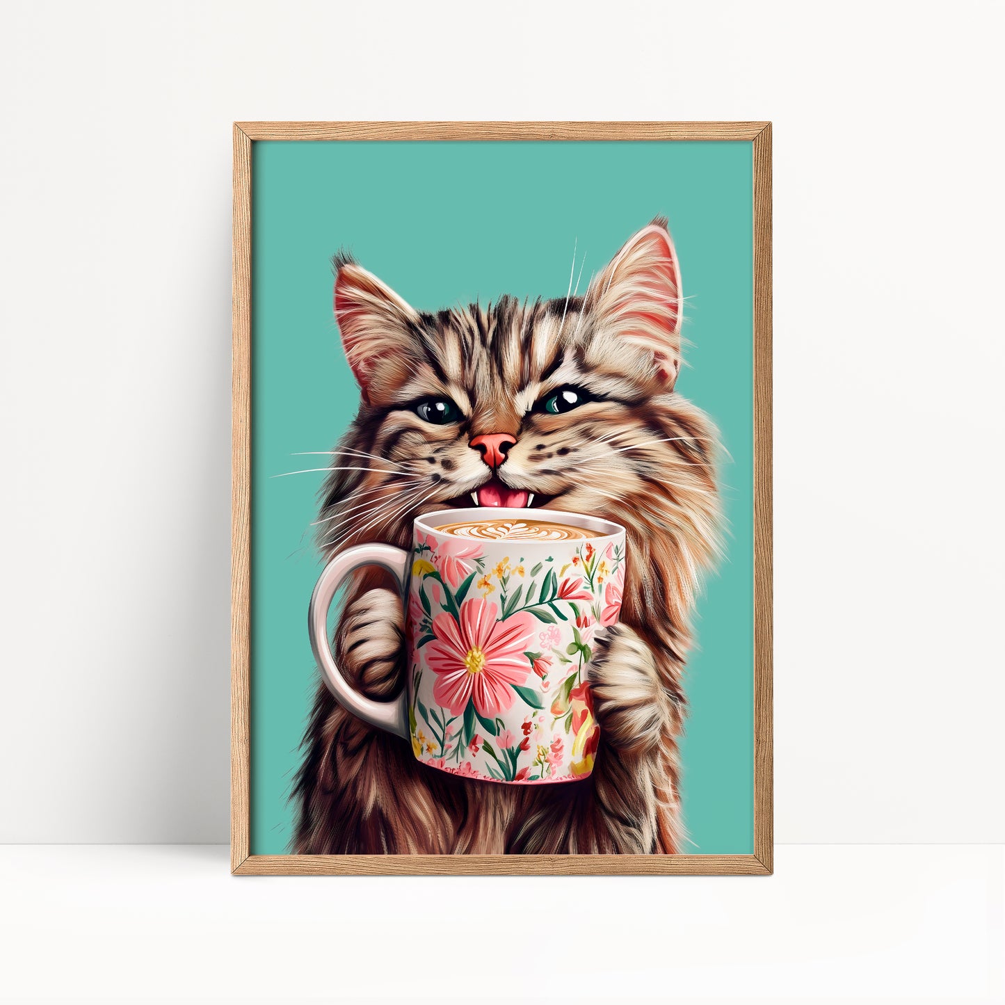 Tabby Cat Drinking Coffee Print