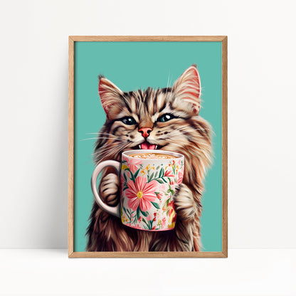 Tabby Cat Drinking Coffee Print