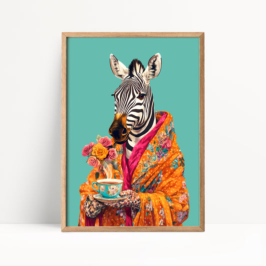 Zebra Drinking Tea Print