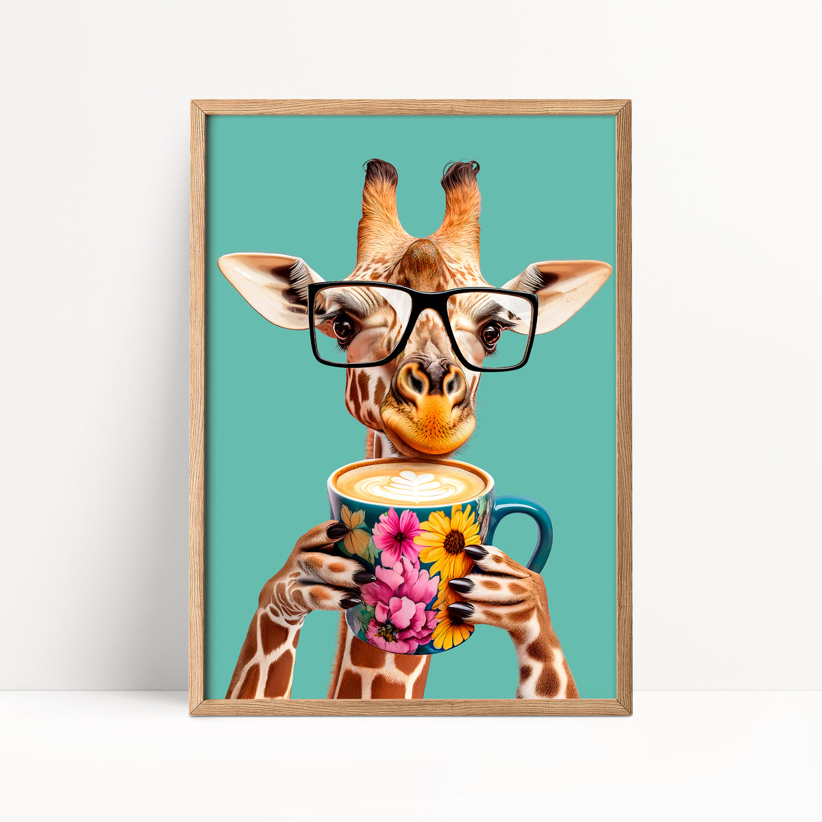 Giraffe Drinking Coffee Kitchen Print