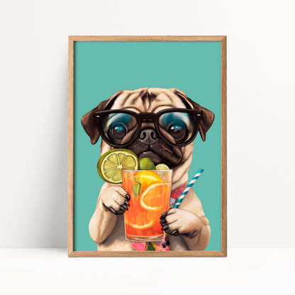 Pug Drinking Cocktail Print