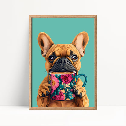 French Bulldog Drinking Coffee Kitchen Print