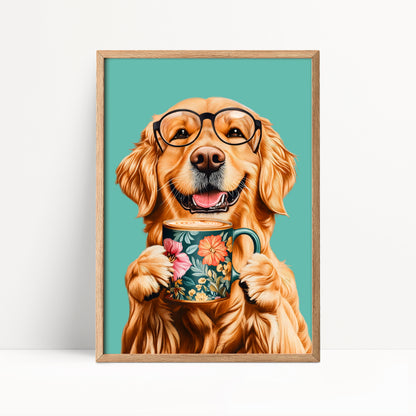 Golden Retriever Drinking Coffee Print