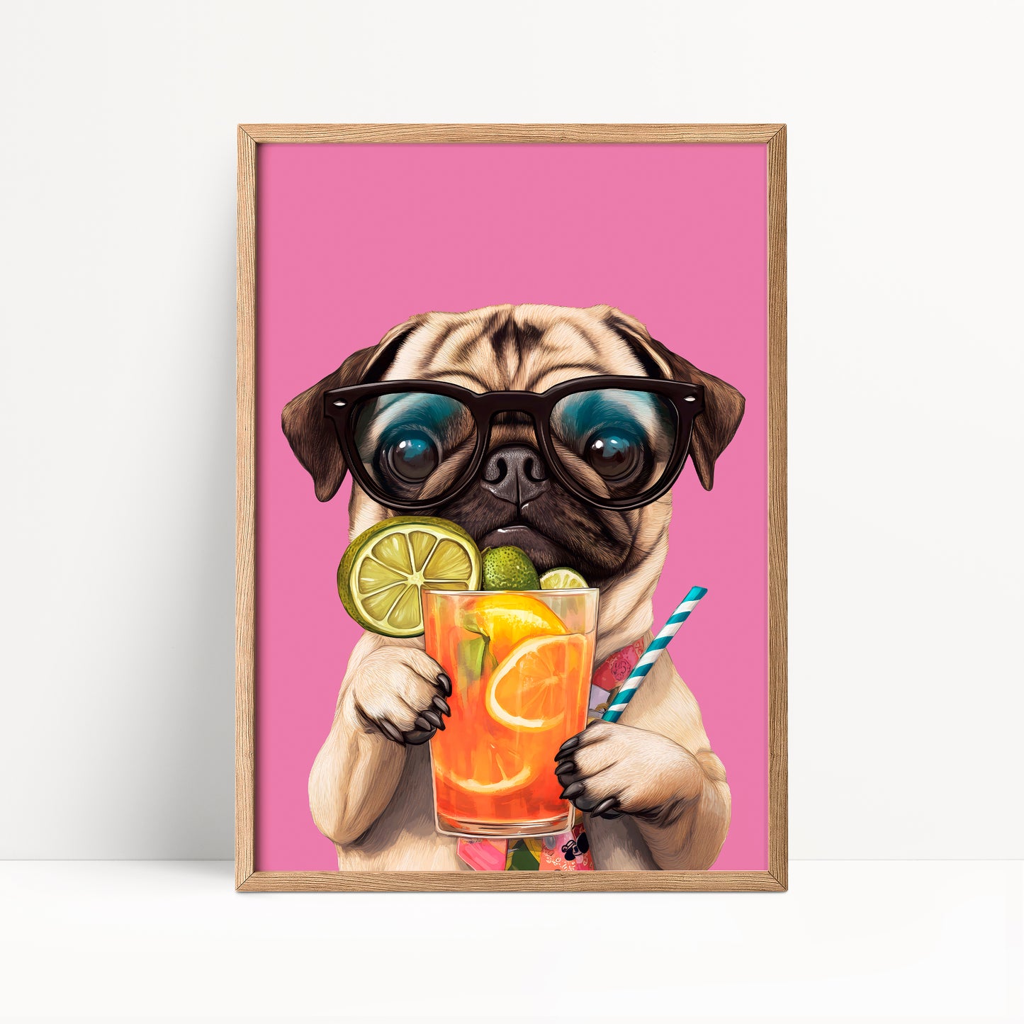 Pug Drinking Cocktail Print