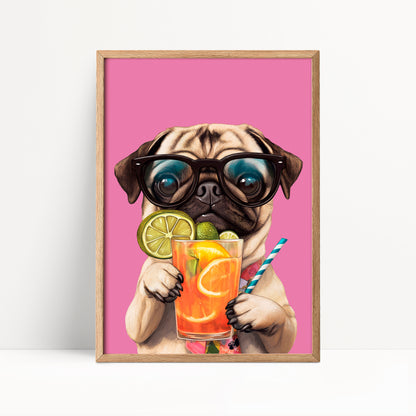 Pug Drinking Cocktail Print