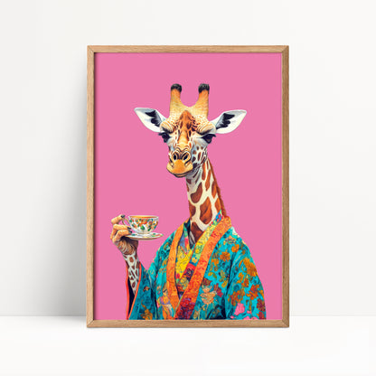 Giraffe Drinking Tea Print