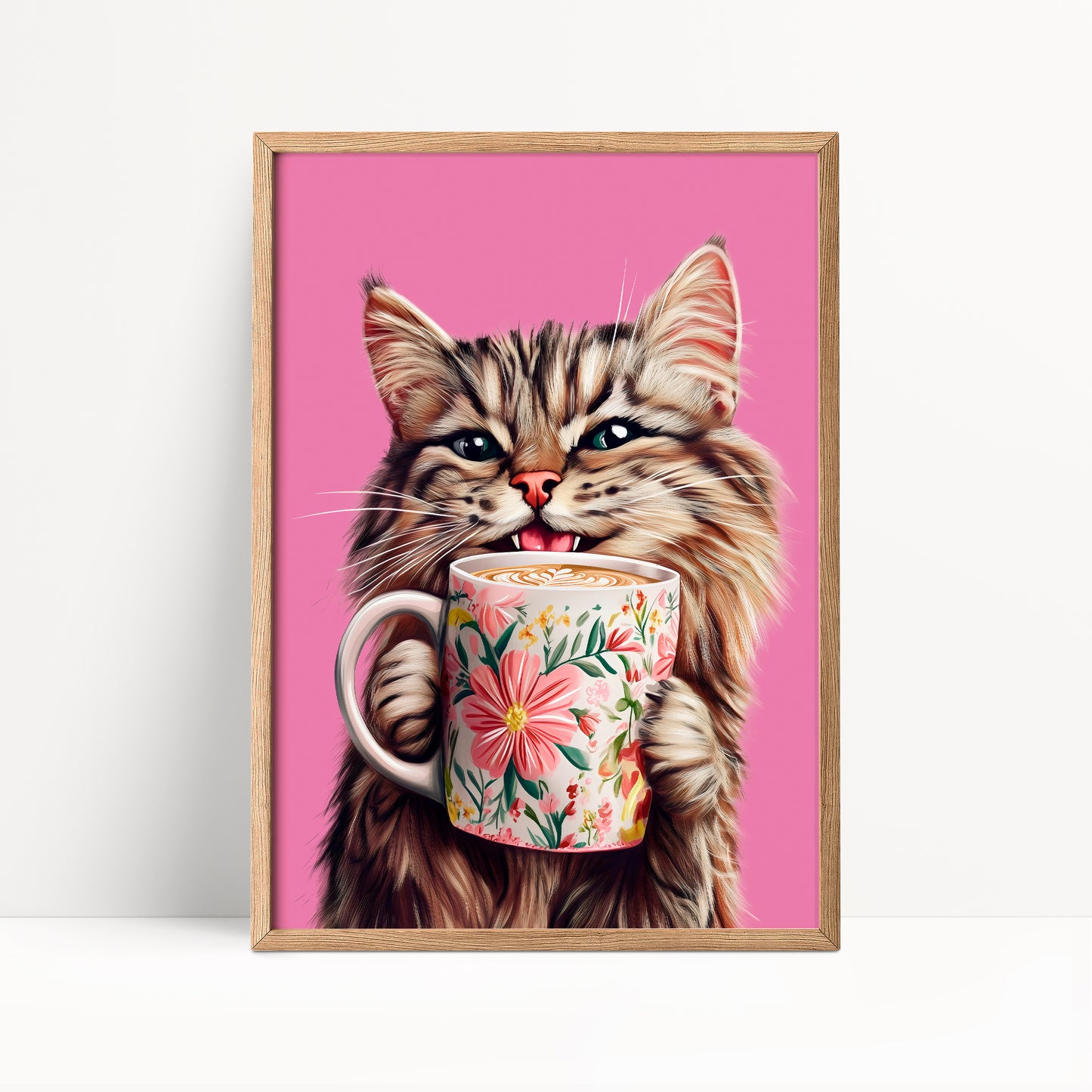 Tabby Cat Drinking Coffee Print