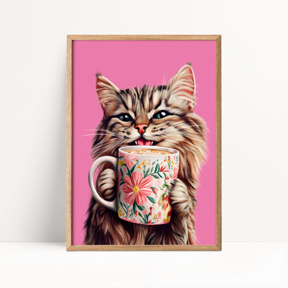 Tabby Cat Drinking Coffee Print