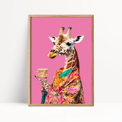 Giraffe Drinking Tea Maximalist Print