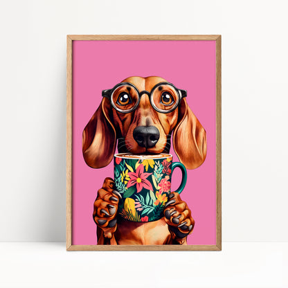 Sausage Dog Drinking Coffee Print