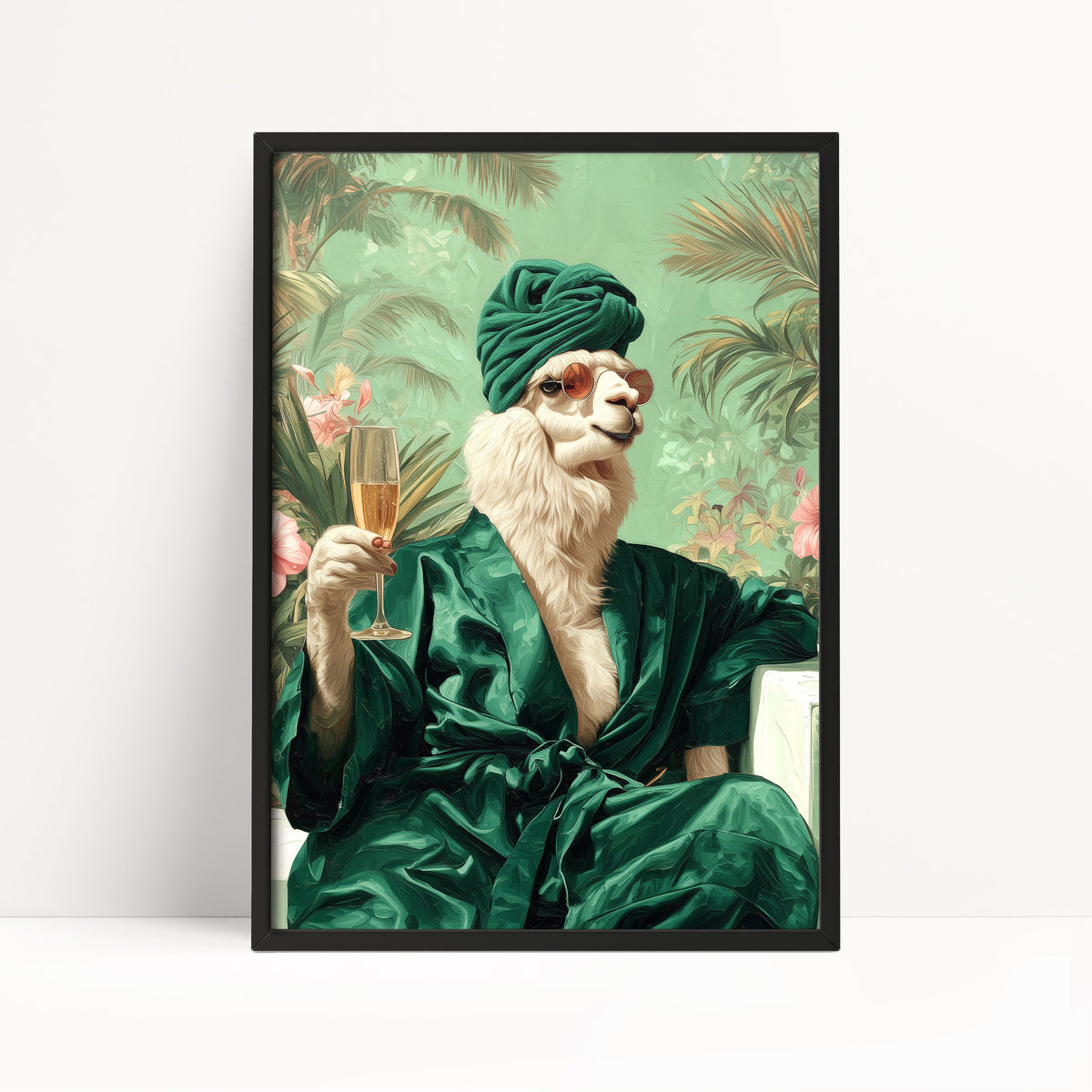 Funny Llama in Robe Print: Green Maximalist & Jungle Safari Home Decor