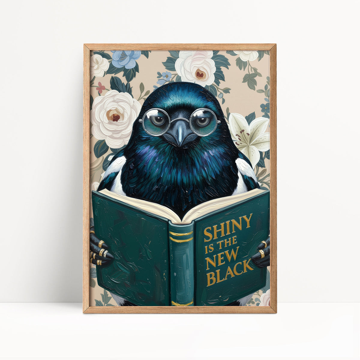 Funny Magpie Reading Book Art – Quirky Bird Lover Wall Decor