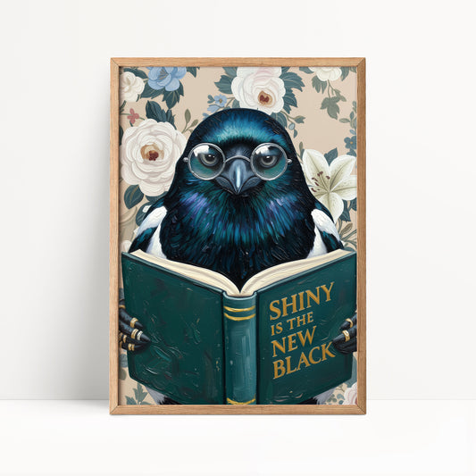 Funny Magpie Reading Book Art – Quirky Bird Lover Wall Decor