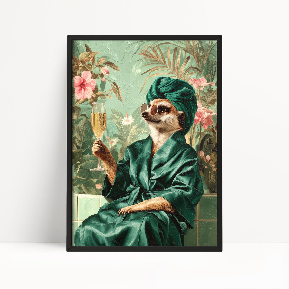 Funny Meerkat in Robe Print: Green Maximalist & Jungle Safari Home Decor