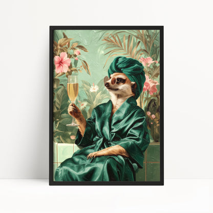 Funny Meerkat in Robe Print: Green Maximalist & Jungle Safari Home Decor