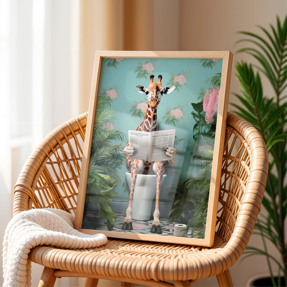 Funny Giraffe on Toilet Poster – Tropical Bathroom Wall Art
