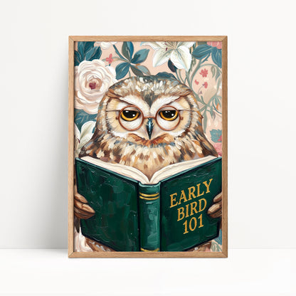 Funny Owl Reading Book Art – Quirky Bird Lover Wall Decor