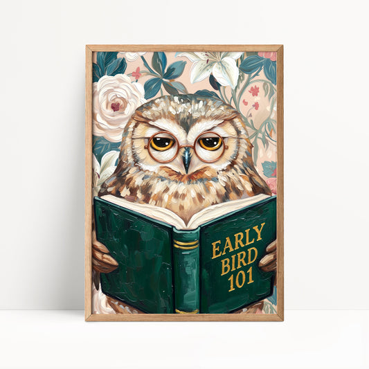 Funny Owl Reading Book Art – Quirky Bird Lover Wall Decor