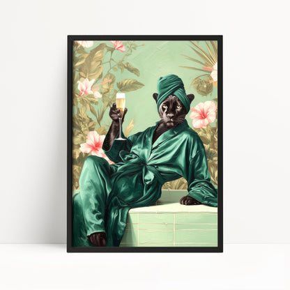 Funny Panther in Robe Print: Green Maximalist & Jungle Safari Home Decor