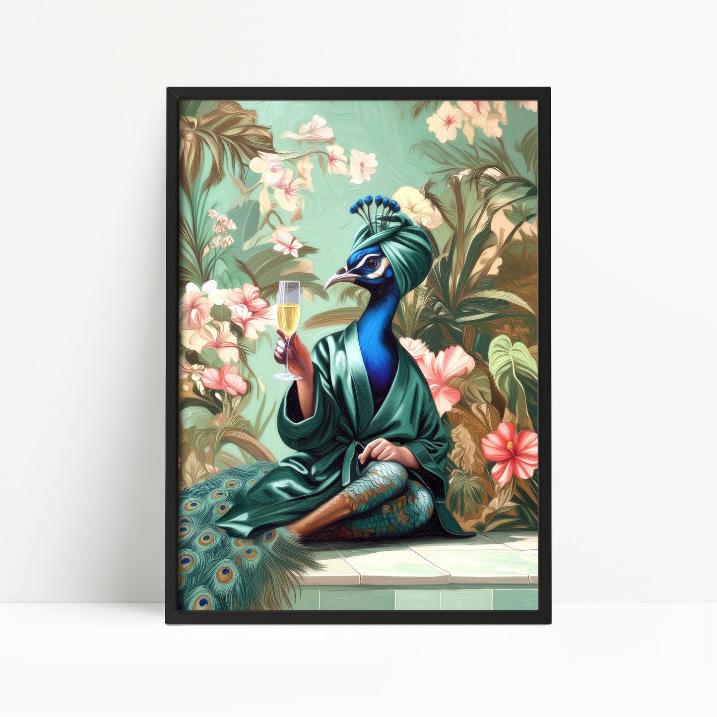 Funny Peacock in Robe Print: Green Maximalist & Jungle Safari Home Decor
