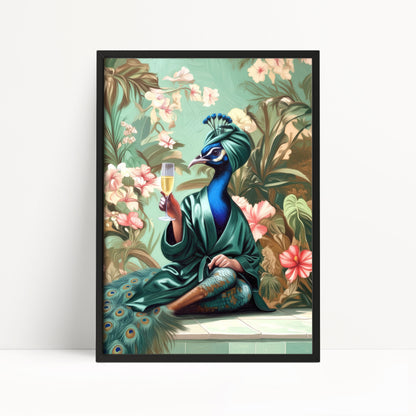 Funny Peacock in Robe Print: Green Maximalist & Jungle Safari Home Decor