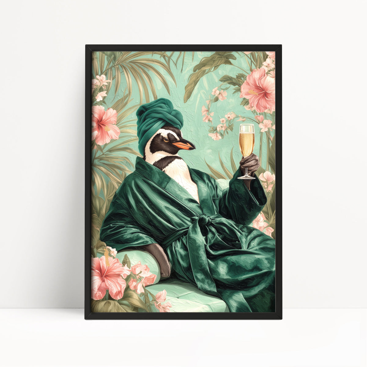 Funny Penguin in Robe Print: Green Maximalist & Jungle Safari Home Decor