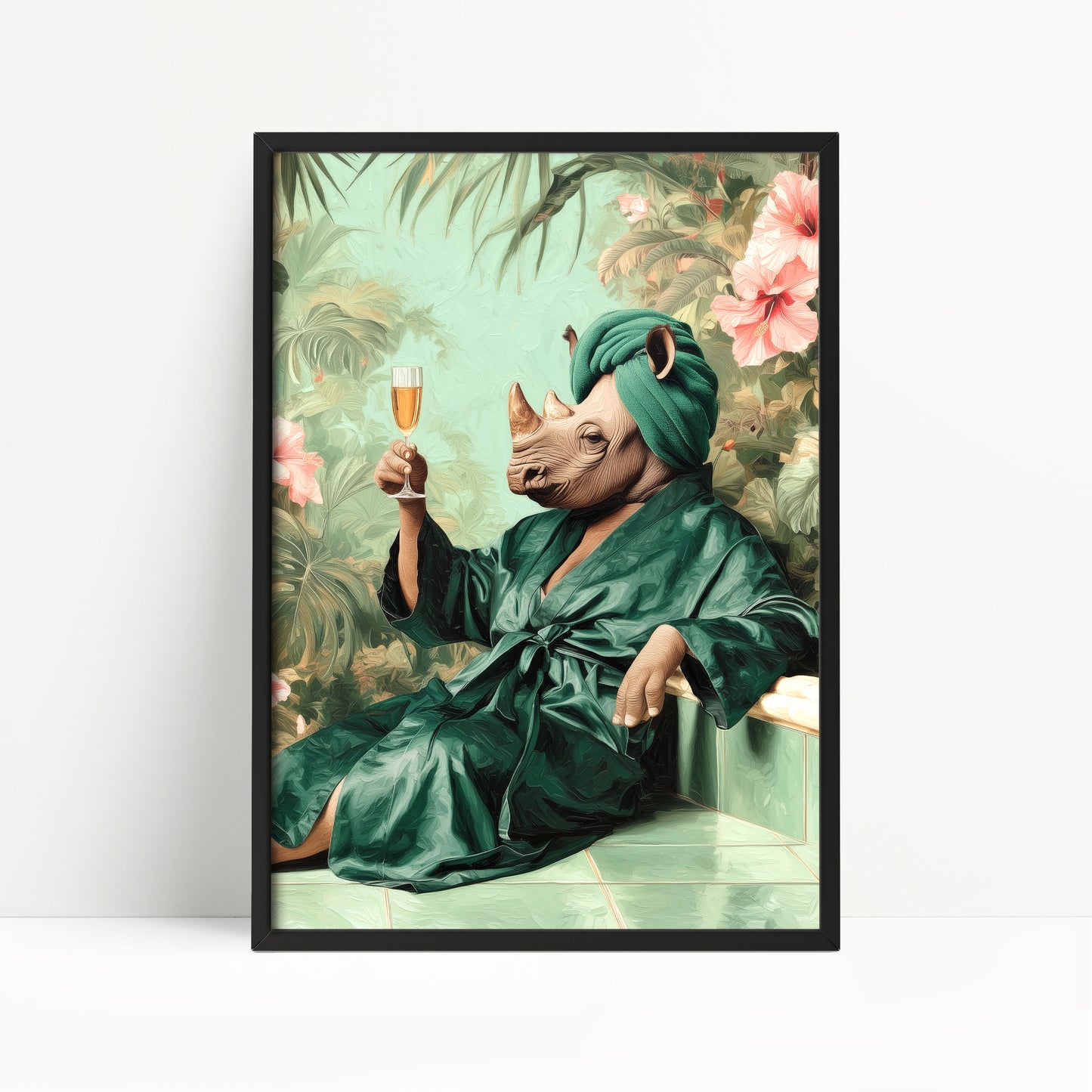Funny Rhino in Robe Print: Green Maximalist & Jungle Safari Home Decor